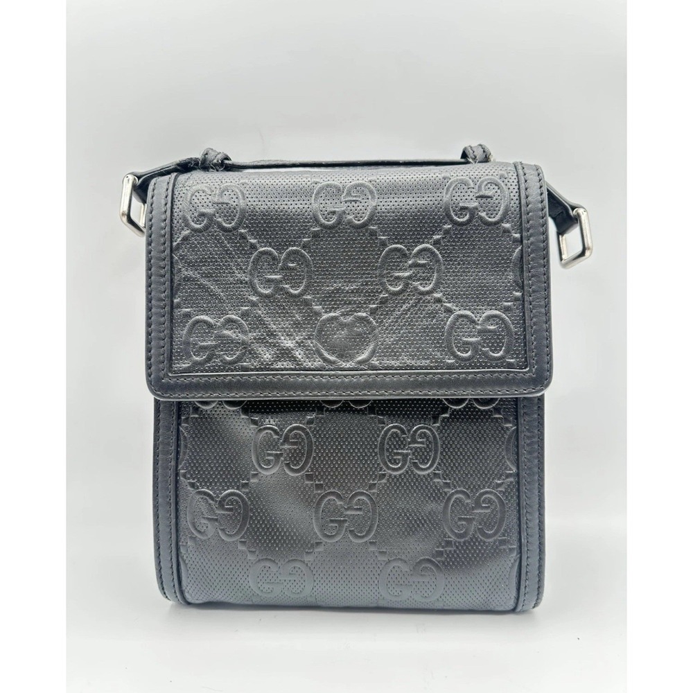 Gucci Guccissima Black Leather Perforated GG Crossbody Bag Unisex No Strap